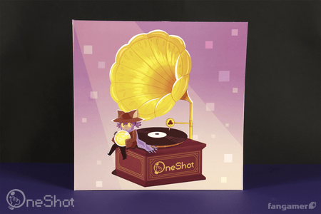 The cover of the OneShot vinyl soundtrack, showing an illustration of Niko holding a lightbulb and sitting beneath the horn of an old-fashioned phonograph bearing the OneShot logo. 